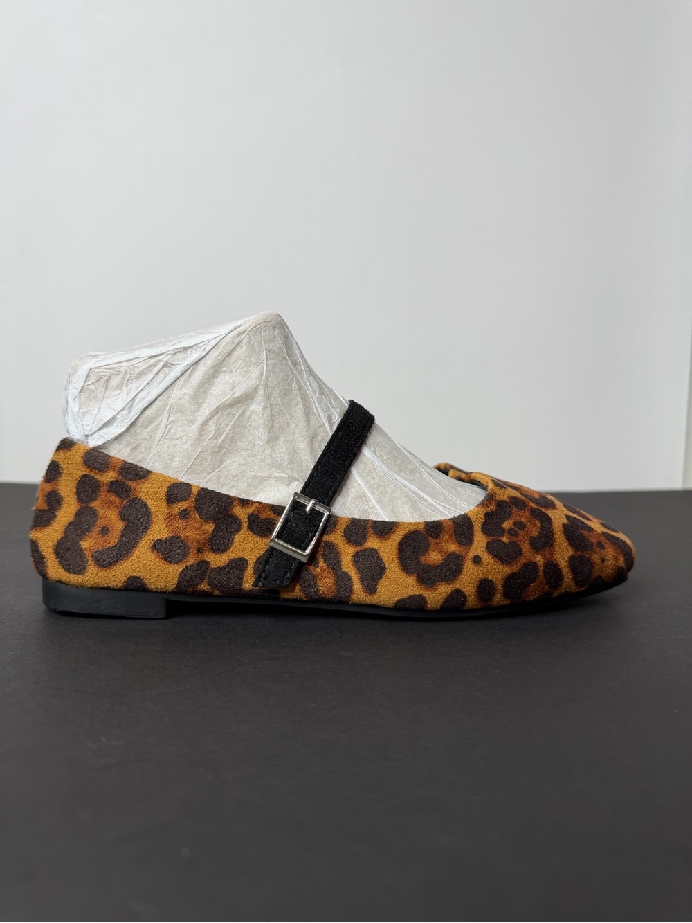Leopard Print Mary Jane Flats with Black Strap
